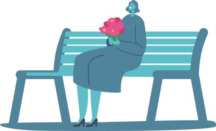 Mujer joven con ramo de flores en las manos sentada en el banco. Personaje femenino feliz en citas románticas en el parque de la ciudad  Ilustración