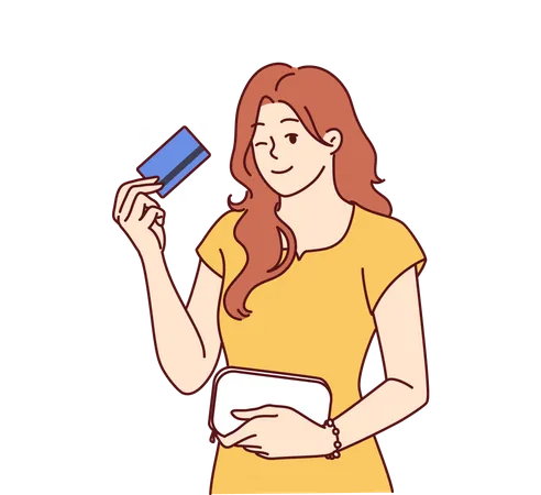 Mujer joven con tarjeta de crédito  Ilustración