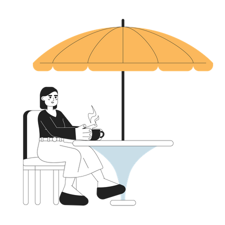 Mujer joven con taza de café en la cafetería al aire libre  Ilustración