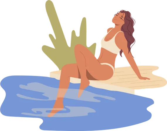 Mujer joven con traje de verano de moda posando en el lago  Ilustración