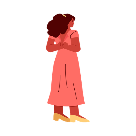 Mujer joven con un vestido largo rosa se lo abrocha en la espalda  Ilustración