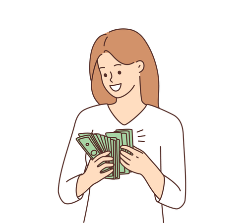 Mujer joven contando dinero en efectivo  Ilustración