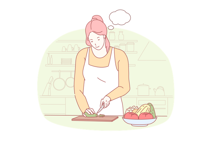 Mujer joven cortando verduras  Ilustración