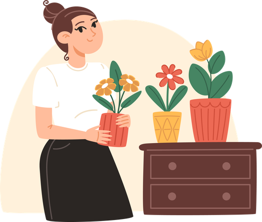 Mujer joven cuidando plantas de interior.  Ilustración