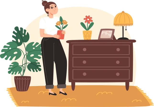 Mujer joven cuidando plantas de interior.  Ilustración