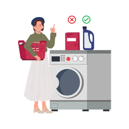 Una Mujer Brinda Informacion Sobre Detergente Liquido Y Detergente En Polvo Apto Para Lavadora Jabon Para Lavar Lavadora De Carga Frontal Ilustración