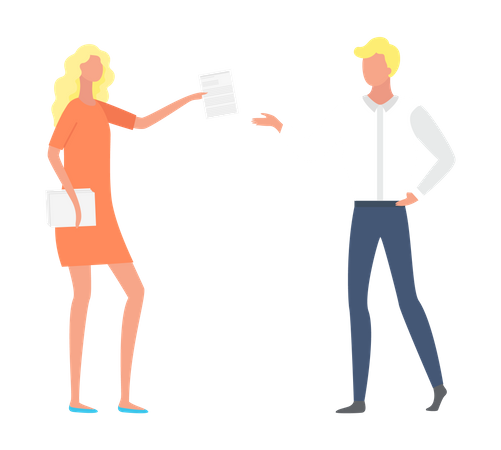 Mujer joven dando informe de negocios al hombre.  Ilustración