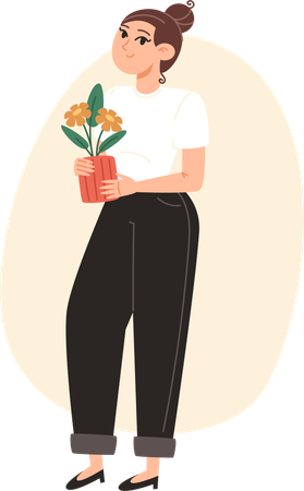 Mujer joven de pie con maceta en la mano  Ilustración
