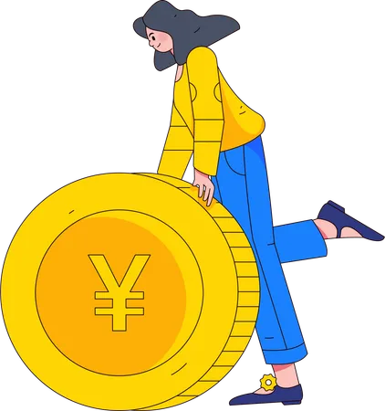 Mujer joven de pie con moneda yen  Ilustración