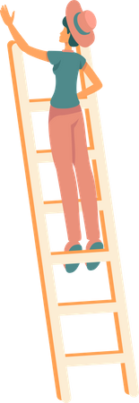 Mujer joven de pie sobre la escalera del jardín  Ilustración