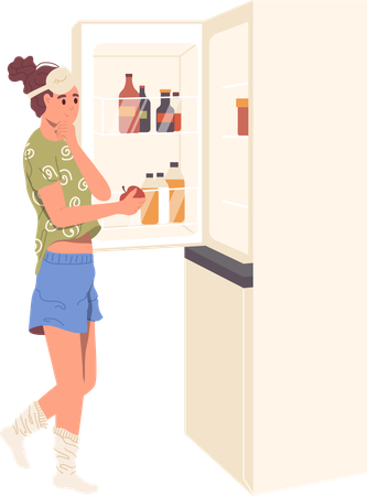 Mujer delgada joven eligiendo un refrigerio saludable mirando el refrigerador de la cocina abierta  Ilustración