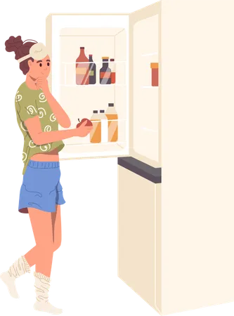 Mujer delgada joven eligiendo un refrigerio saludable mirando el refrigerador de la cocina abierta  Ilustración