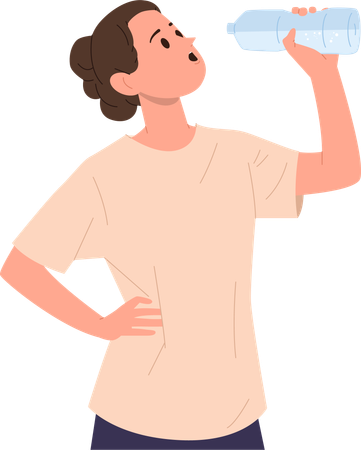 Mujer joven deportista bebiendo agua de una botella de plástico sintiéndose bien  Ilustración