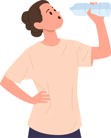 Mujer joven deportista bebiendo agua de una botella de plástico sintiéndose bien  Ilustración