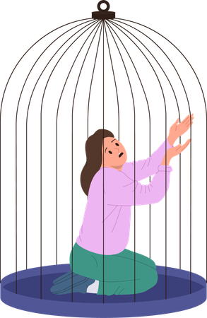 Mujer joven deprimida atrapada en una jaula sintiendo miedo e impotencia  Ilustración