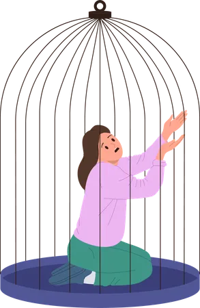 Mujer joven deprimida atrapada en una jaula sintiendo miedo e impotencia  Ilustración