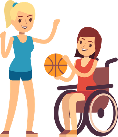 Mujer joven discapacitada jugando baloncesto con un amigo  Ilustración