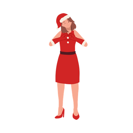 Mujer joven disfrazada de Papá Noel y haciendo forma de corazón  Ilustración