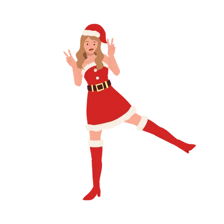 Mujer joven disfrazada de Papá Noel y dando pose  Ilustración
