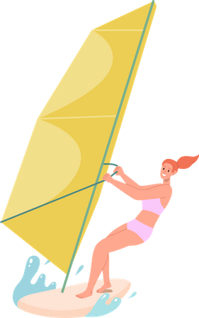 Mujer joven disfrutando del windsurf practicando deportes acuáticos  Ilustración
