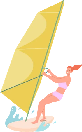 Mujer joven disfrutando del windsurf practicando deportes acuáticos  Ilustración