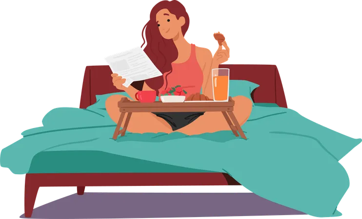 Mujer joven disfrutando del desayuno en la cama  Ilustración