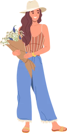 Mujer joven con estilo sosteniendo ramo de flores de primavera  Ilustración