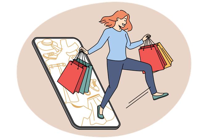 Mujer joven emocionada con bolsas comprando en línea en un teléfono inteligente en rebajas de temporada  Ilustración
