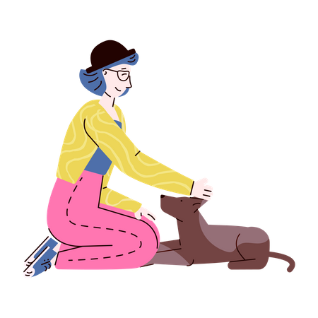 Mujer joven en el suelo con perro mascota  Ilustración