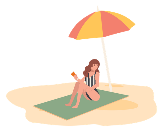 Mujer joven en la playa sentada en la alfombra y usando protector solar  Ilustración