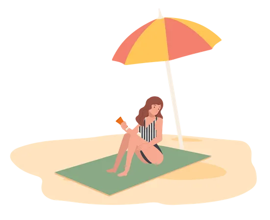 Mujer joven en la playa sentada en la alfombra y usando protector solar  Ilustración