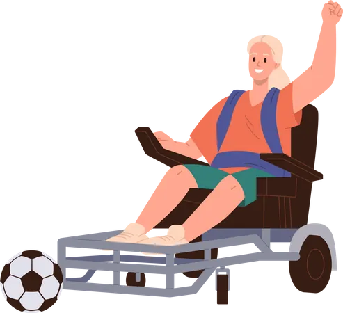 Mujer joven en silla de ruedas jugando al fútbol  Ilustración