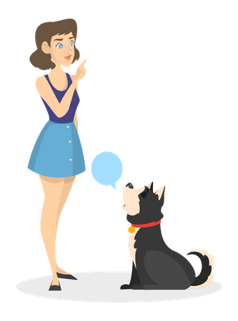 Mujer joven entrenando perro mascota  Ilustración
