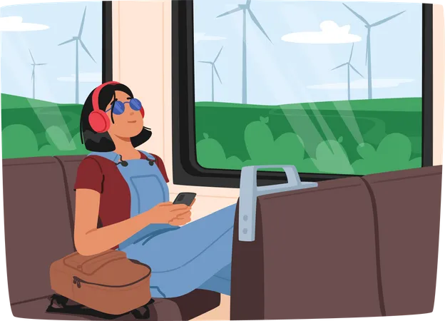 Mujer joven escuchando música con auriculares mientras viaja en el tren  Ilustración