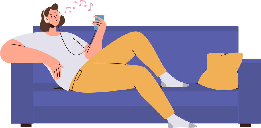 Mujer joven escuchando música mientras descansa en el sofá  Ilustración