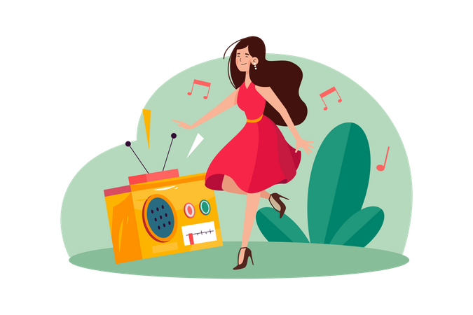 Mujer joven escuchando música y moviéndose bailando  Ilustración
