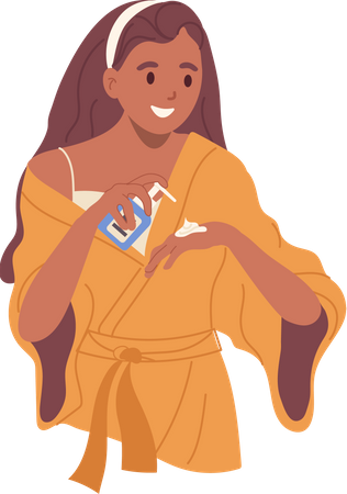 Mujer joven exprimiendo crema de manos de una botella con dispensador para hidratar la piel  Ilustración