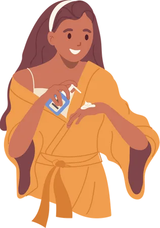 Mujer joven exprimiendo crema de manos de una botella con dispensador para hidratar la piel  Ilustración