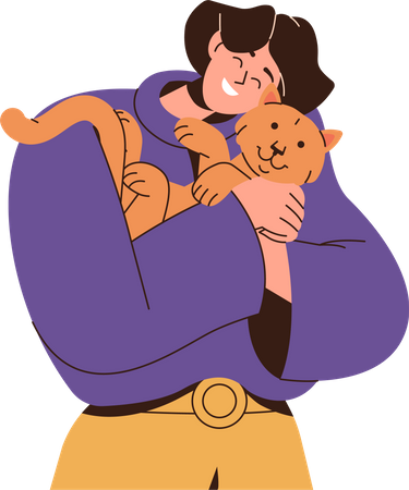 Feliz joven amante de las mascotas abrazándose con un gato en las manos  Ilustración