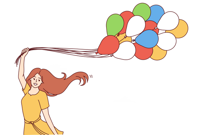 Una joven feliz con globos se regocija parada debajo del cielo  Ilustración