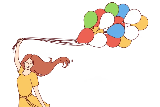 Una joven feliz con globos se regocija parada debajo del cielo  Ilustración