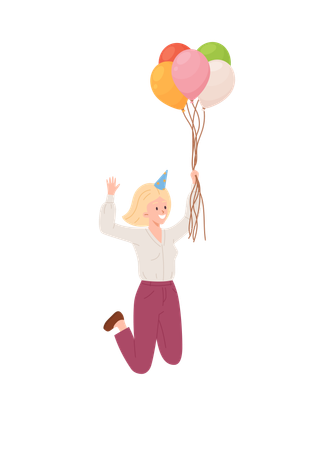 Mujer joven feliz con sombrero de cono de fiesta saltando con globos aerostáticos de colores  Ilustración