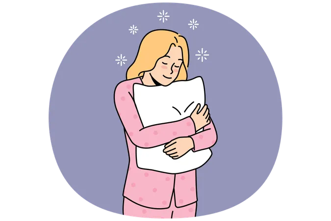 Una joven feliz en pijama siente sueño sosteniendo una almohada mullida en las manos  Ilustración