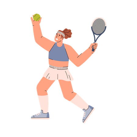 Mujer joven feliz lanzando pelota de tenis con raqueta  Ilustración