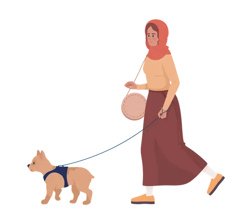 Mujer joven feliz paseando a un perro con correa  Ilustración