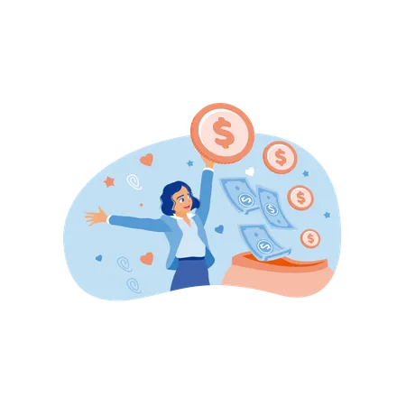 Mujer joven feliz sosteniendo monedas  Ilustración