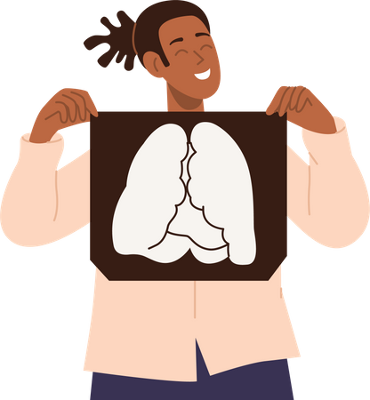 Mujer joven feliz sosteniendo una radiografía de pulmones sanos  Ilustración