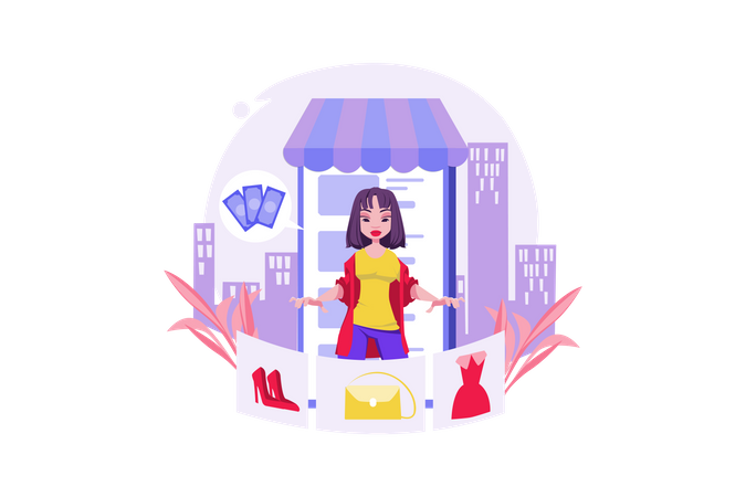 Mujer joven haciendo compras de moda en línea  Ilustración