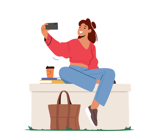 Mujer joven haciendo selfie  Ilustración