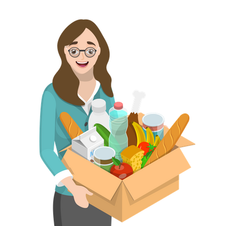 Mujer joven haciendo voluntariado y caridad alimentaria.  Ilustración